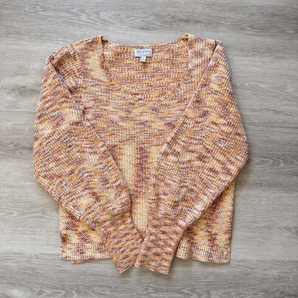 Sofia Jeans By Sofia Vergara Marled Knit Sweater Puff Sleeve V-Neck Size L EUC